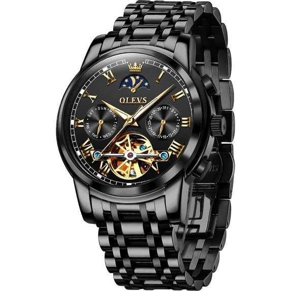 OLEVS Automatic Watches for Mens Skeleton Mechanical Self Winding Chronograph Calendar Classic Dress Moon Phase Multifunction Mens Wrist Watches Luminous Waterproof Stainless Steel Reloj Para Hombre