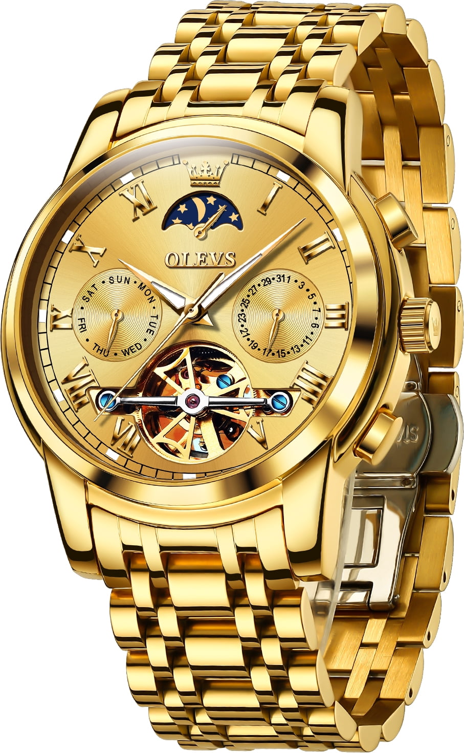 OLEVS Automatic Watches for Mens Skeleton Mechanical Self Winding Chronograph Calendar Classic Dress Moon Phase Multifunction Mens Wrist Watches Luminous Waterproof Stainless Steel Reloj Para Hombre