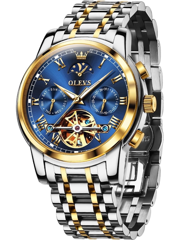 Automatic Watches for Mens Skeleton Mechanical Self Winding Chronograph Calendar Classic Dress Moon Phase Multifunction Mens Wrist Watches Luminous Waterproof Stainless Steel Reloj Para Hombre