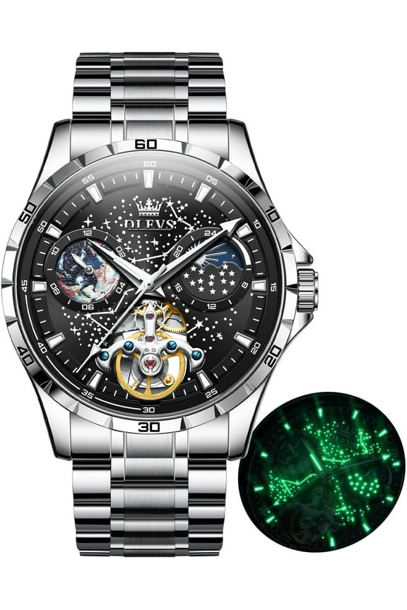 Automatic Watches for Mens Starry Sky Skeleton Tourbillon Self Winding Mechanical Moon Phase Luminous Waterproof Luxury Dress Mens Wrist Watches Gifts Reloj Para Hombre Black/Blue/Green