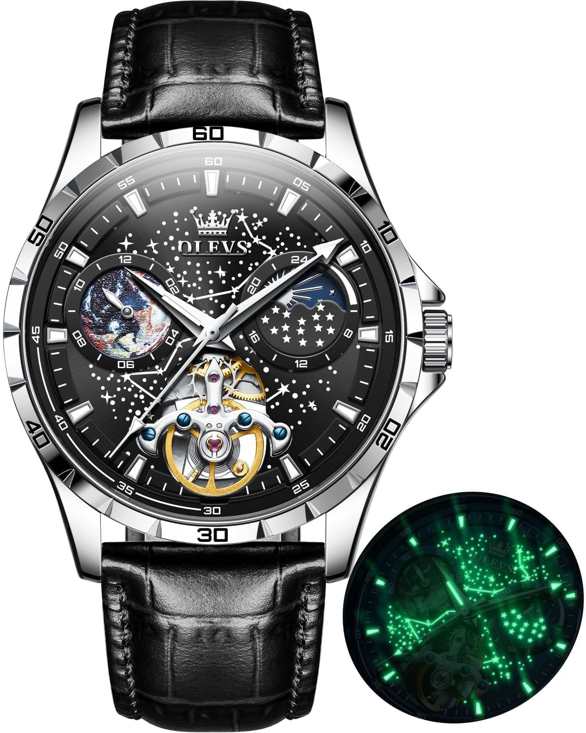 OLEVS Automatic Watches for Mens Starry Sky Skeleton Tourbillon Self Winding Mechanical Moon Phase Luminous Waterproof Luxury Dress Mens Wrist Watches Gifts Reloj Para Hombre Black/Blue/Green