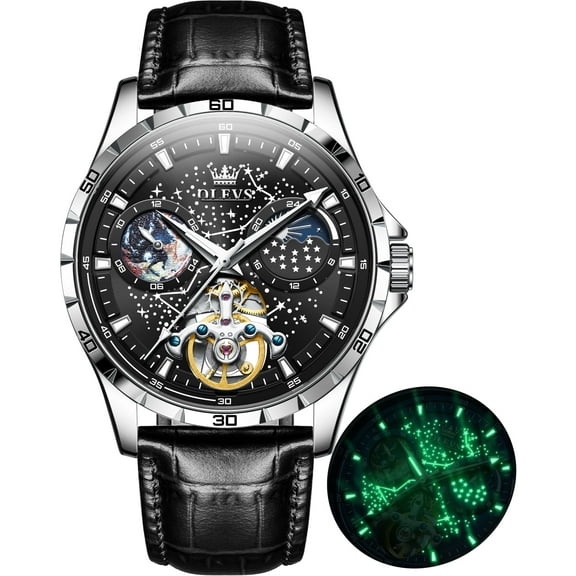 OLEVS Automatic Watches for Mens Starry Sky Skeleton Tourbillon Self Winding Mechanical Moon Phase Luminous Waterproof Luxury Dress Mens Wrist Watches Gifts Reloj Para Hombre Black/Blue/Green