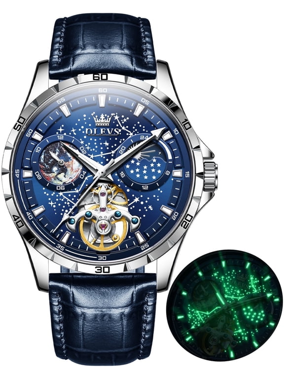 Automatic Watches for Mens Starry Sky Skeleton Tourbillon Self Winding Mechanical Moon Phase Luminous Waterproof Luxury Dress Mens Wrist Watches Gifts Reloj Para Hombre Black/Blue/Green