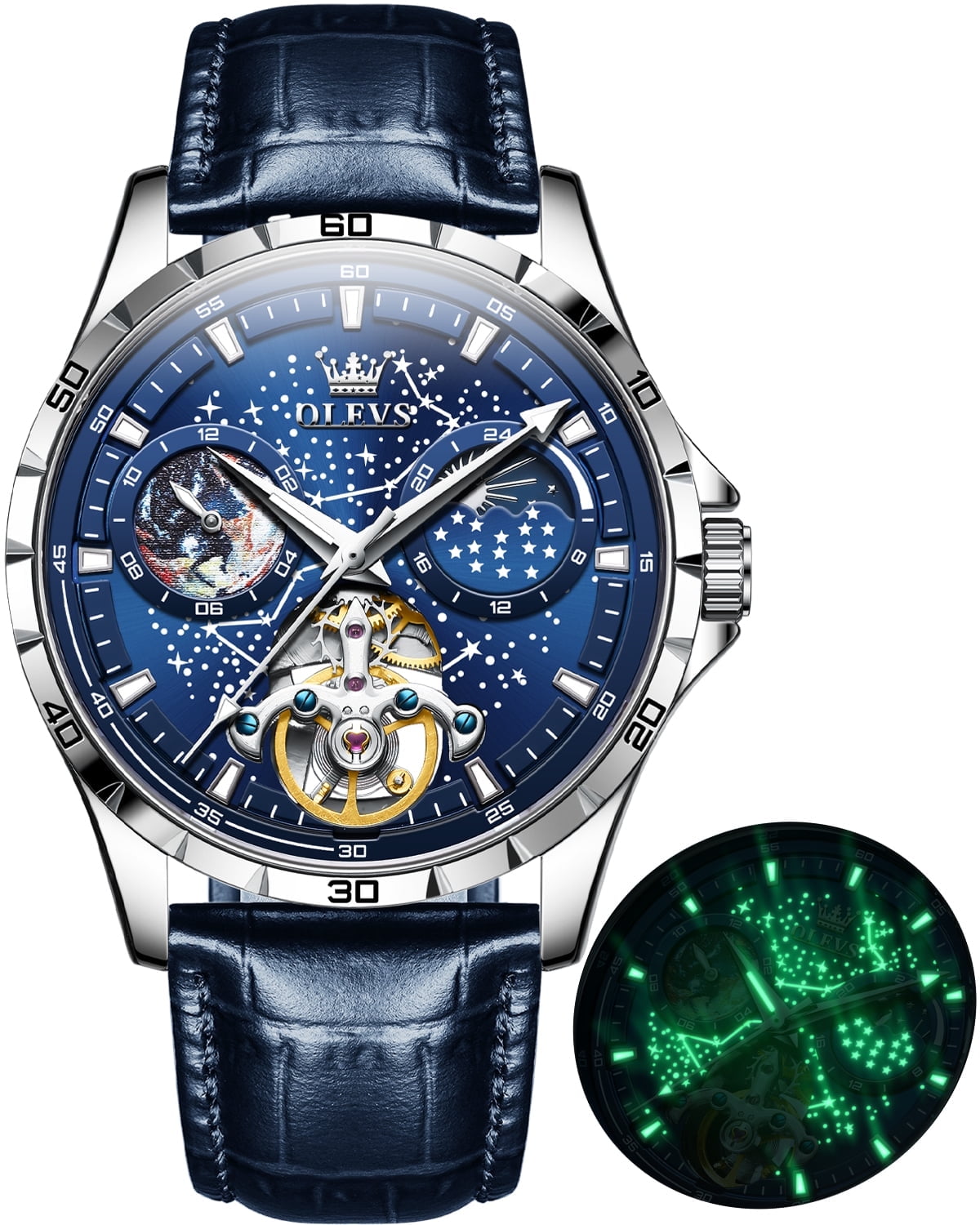 OLEVS Automatic Watches for Mens Starry Sky Skeleton Tourbillon Self Winding Mechanical Moon Phase Luminous Waterproof Luxury Dress Mens Wrist Watches Gifts Reloj Para Hombre Black/Blue/Green