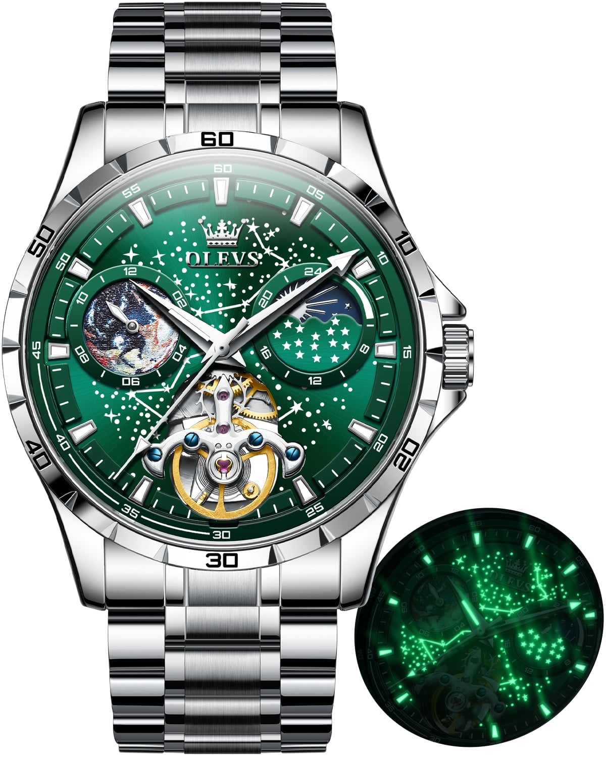OLEVS Automatic Watches for Mens Starry Sky Skeleton Tourbillon Self Winding Mechanical Moon Phase Luminous Waterproof Luxury Dress Mens Wrist Watches Gifts Reloj Para Hombre Black/Blue/Green