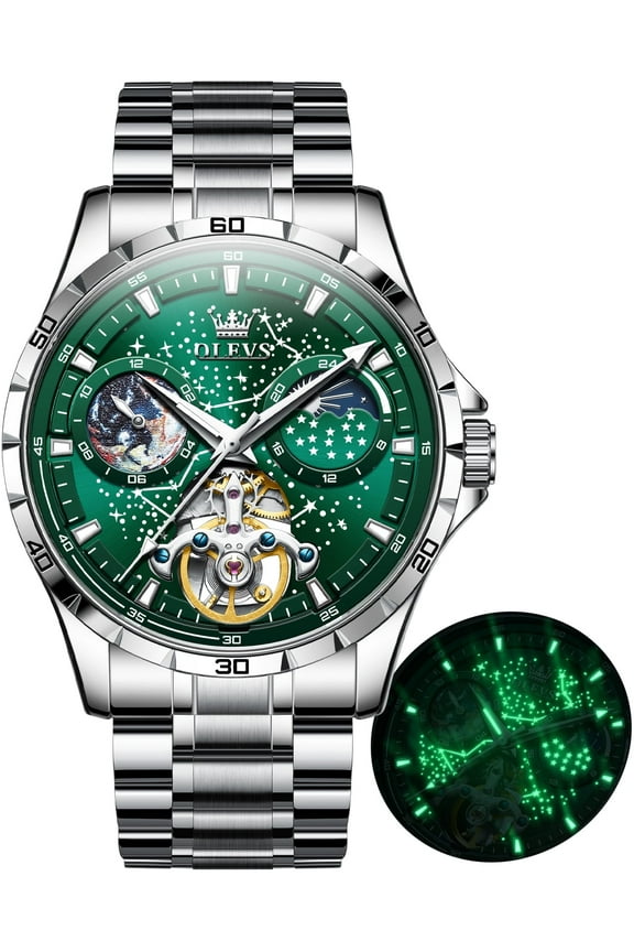 Automatic Watches for Mens Starry Sky Skeleton Tourbillon Self Winding Mechanical Moon Phase Luminous Waterproof Luxury Dress Mens Wrist Watches Gifts Reloj Para Hombre Black/Blue/Green