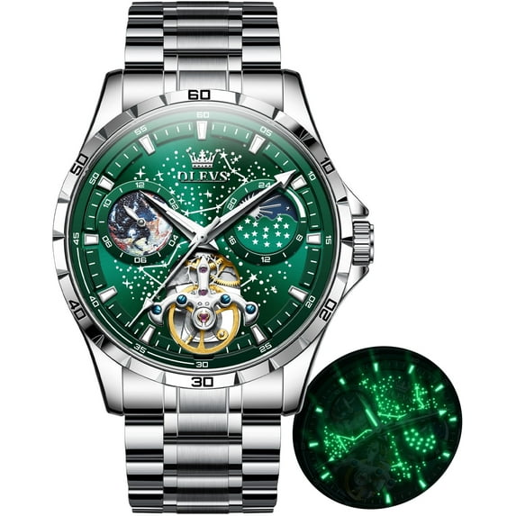 OLEVS Automatic Watches for Mens Starry Sky Skeleton Tourbillon Self Winding Mechanical Moon Phase Luminous Waterproof Luxury Dress Mens Wrist Watches Gifts Reloj Para Hombre Black/Blue/Green