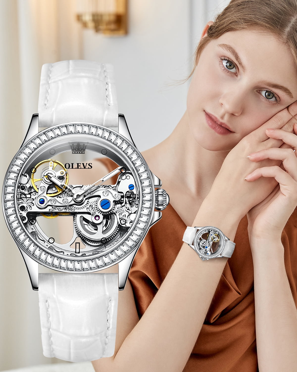 OLEVS Automatic Watches for Womens Mechanical Diamond Skeleton Self Winding Leather Luxury Dress Waterproof Luminous Ladies Watches Womens Wrist Watches Gift Reloj Para Mujer