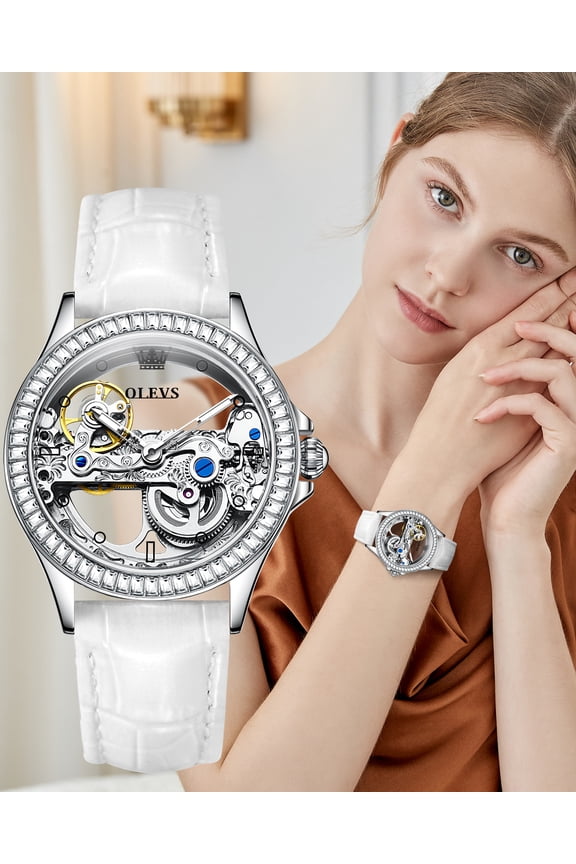 Automatic Watches for Womens Mechanical Diamond Skeleton Self Winding Leather Luxury Dress Waterproof Luminous Ladies Watches Womens Wrist Watches Gift Reloj Para Mujer