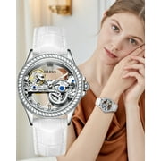OLEVS Automatic Watches for Womens Mechanical Diamond Skeleton Self Winding Leather Luxury Dress Waterproof Luminous Ladies Watches Womens Wrist Watches Gift Reloj Para Mujer