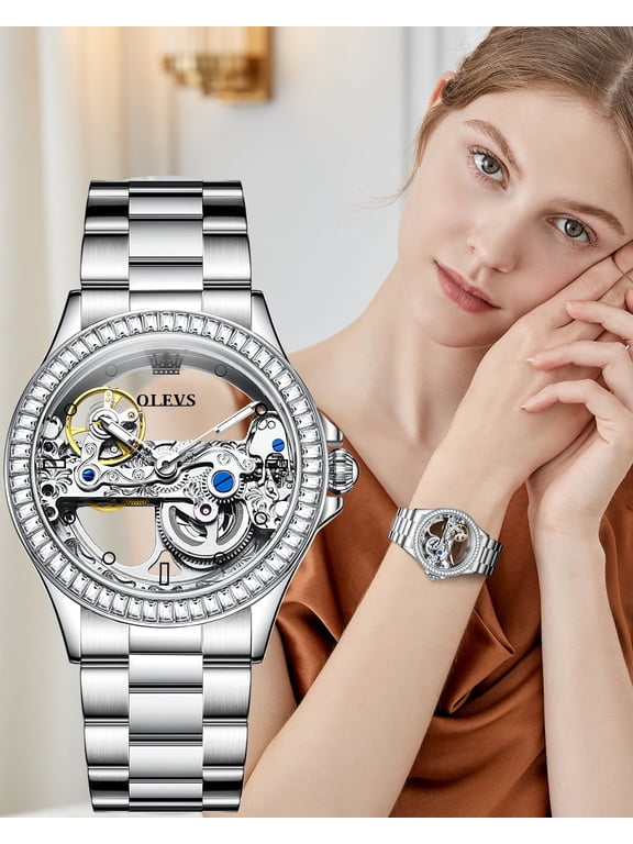 Automatic Watches for Womens Mechanical Diamond Skeleton Self Winding Stainless Steel Luxury Dress Waterproof Luminous Ladies Watches Womens Wrist Watches Gift Reloj Para Mujer