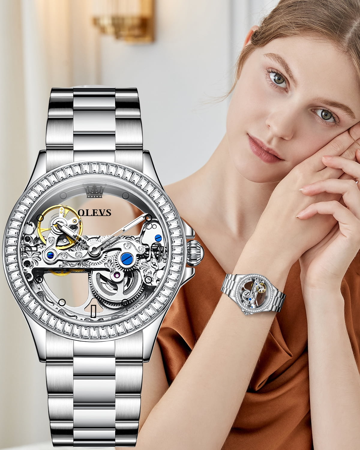 OLEVS Automatic Watches for Womens Mechanical Diamond Skeleton Self