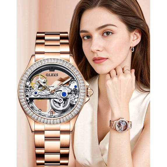 OLEVS Automatic Watches for Womens Mechanical Skeleton Self Winding Stainless Steel Luxury Dress Waterproof Luminous Ladies Watches Womens Wrist Watches Gift Reloj Para Mujer