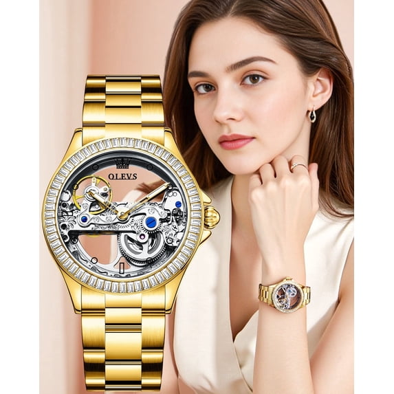 OLEVS Automatic Watches for Womens Mechanical Skeleton Self Winding Stainless Steel Luxury Dress Waterproof Luminous Ladies Watches Womens Wrist Watches Gift Reloj Para Mujer