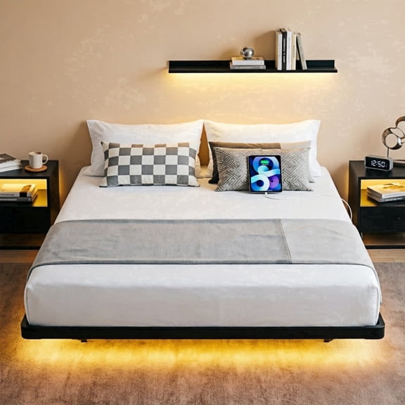 Dayago Full Size Floating Bed Frame with Smart LED Lights and USB Charging Port, Standard Bed Frame Sturdy Platform Design,Heavy Duty Support, Easy Assembly