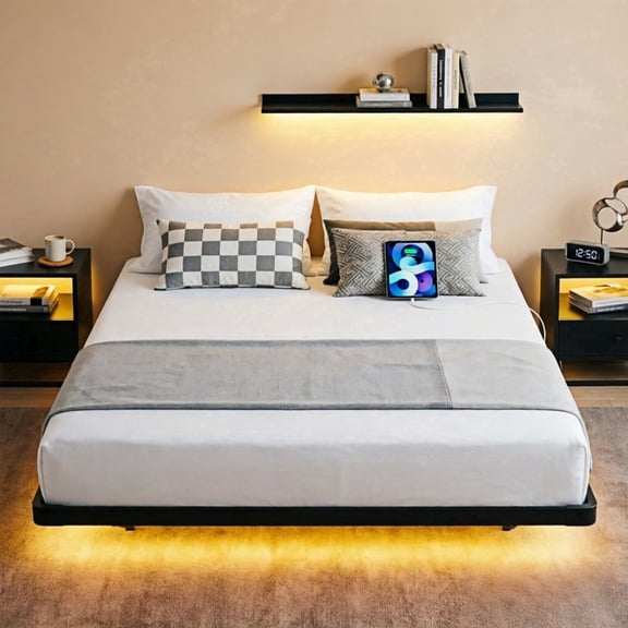 Dayago Full Size Floating Bed Frame with Smart LED Lights and USB Charging Port, Standard Bed Frame
