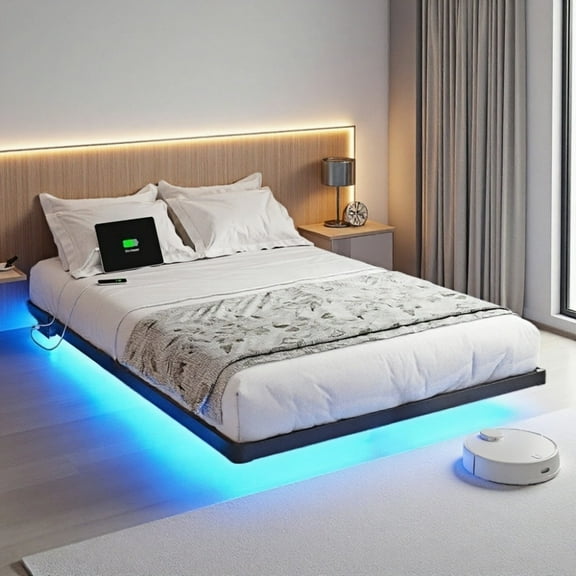 Dayago Floating Bed Frame Full Size with Smart LED Lights and Charging Station, Standard Bed Frames