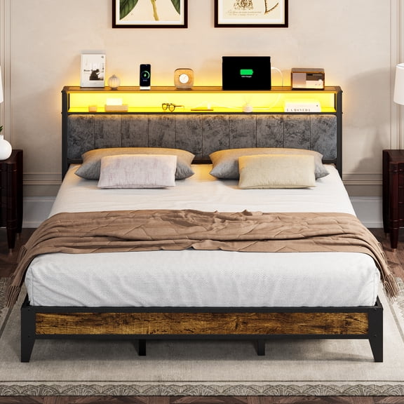 Dayago King Size Bed Frame, Storage Headboard with Charging Station, Solid and Stable, Noise Free, No Box Spring Needed, Easy Assembly, Rustic Brown