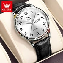 OLEVS Black Leather Watches For Men Fashion Sample Mens Watches Men Day Date Watches With White Dial Analog Quartz Watches Men Waterproof Wrist Watches
