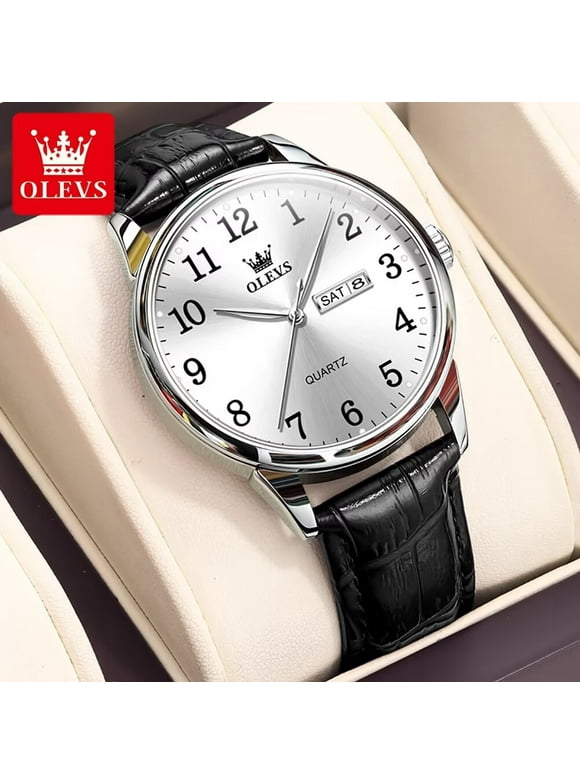 OLEVS Black Leather Watches For Men Fashion Sample Mens Watches Men Day Date Watches With White Dial Analog Quartz Watches Men Waterproof Wrist Watches