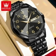 OLEVS Black Watch With Stainless Steel Band Elegant Quartz Watch For Men Black Dial Easy Read Mens Watches Waterproof Male Watches Calendar Men's Wrist Watches