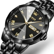 OLEVS Black Watch for Men Diamond Luxury Casual Stainless Steel Date Quartz Watch Waterproof Luminous, Gifts for Men, Adult Male Wristwatch