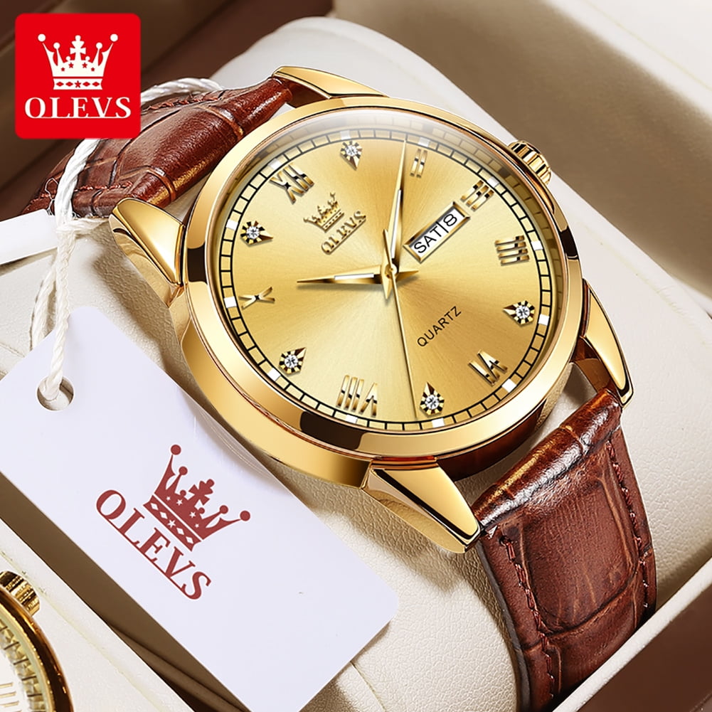 OLEVS Brown Leather Watches For Men Big Gold Dial Mens Roman Numerals ...