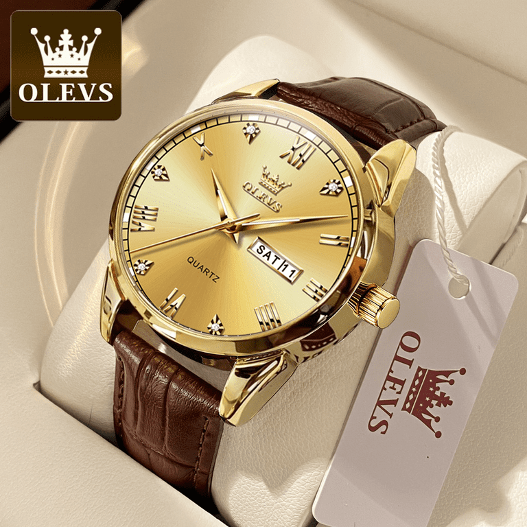 OLEVS Men's Brown Leather Watch with Gold Dial, Roman Numerals