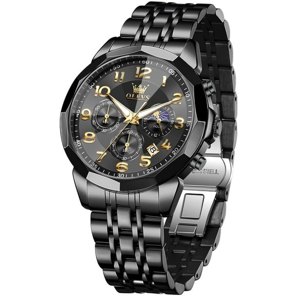 OLEVS Chronograph Watches for Men Business Dress Analog Quartz Gold Plated Stainless Steel Moon Phase Waterproof Luminous Date Luxury Mens Wrist Watches Reloj Para Hombre