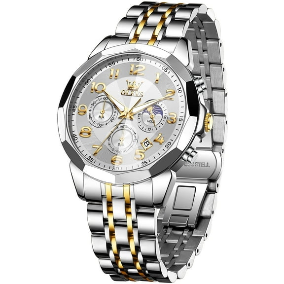OLEVS Chronograph Watches for Men Business Dress Analog Quartz Gold Plated Stainless Steel Moon Phase Waterproof Luminous Date Luxury Mens Wrist Watches Reloj Para Hombre