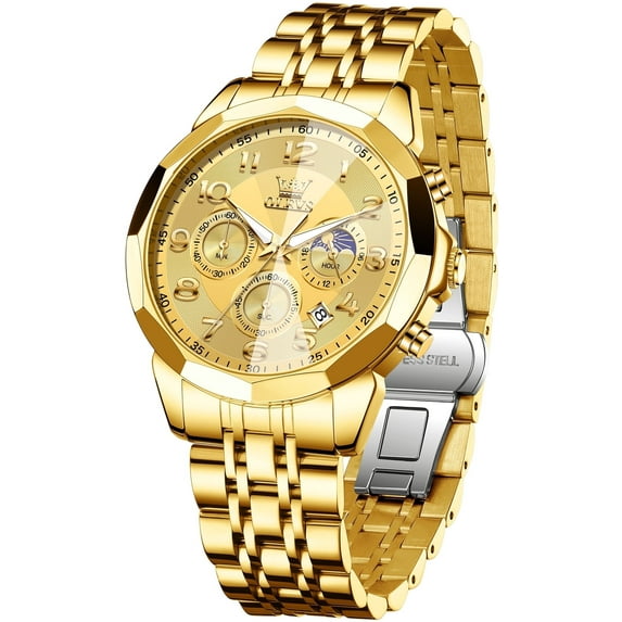 OLEVS Chronograph Watches for Men Business Dress Analog Quartz Gold Plated Stainless Steel Moon Phase Waterproof Luminous Date Luxury Mens Wrist Watches Reloj Para Hombre