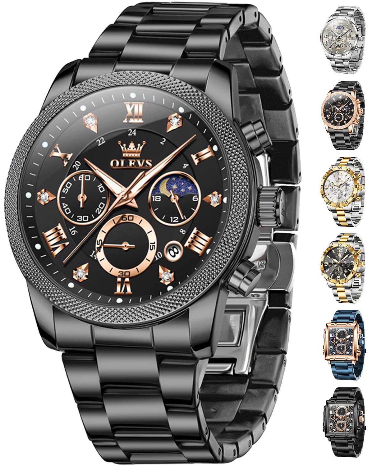 OLEVS Chronograph Watches for Men Fashion Dress Analog Quartz Moon Phase Stainless Steel Waterproof Luminous Date Luxury Mens Wrist Watches Reloj Para Hombre Rose/Black