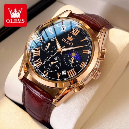 OLEVS Chronograph Watches for Men Luxury Classic Business Sports Mens Watches with Leather Strap Waterproof Luminous Analog Quartz Reloj para hombre, Gifts for Men