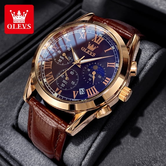 OLEVS Chronograph Watches for Men Luxury Classic Business Sports Mens Watches Moon Phase Waterproof Luminous Analog Quartz Leather Strap Reloj, Gifts for Men