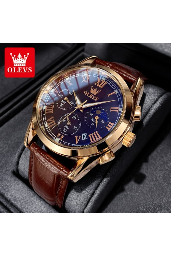 Chronograph Watches for Men Luxury Classic Business Sports Mens Watches Moon Phase Waterproof Luminous Analog Quartz Leather Strap Reloj, Gifts for Men