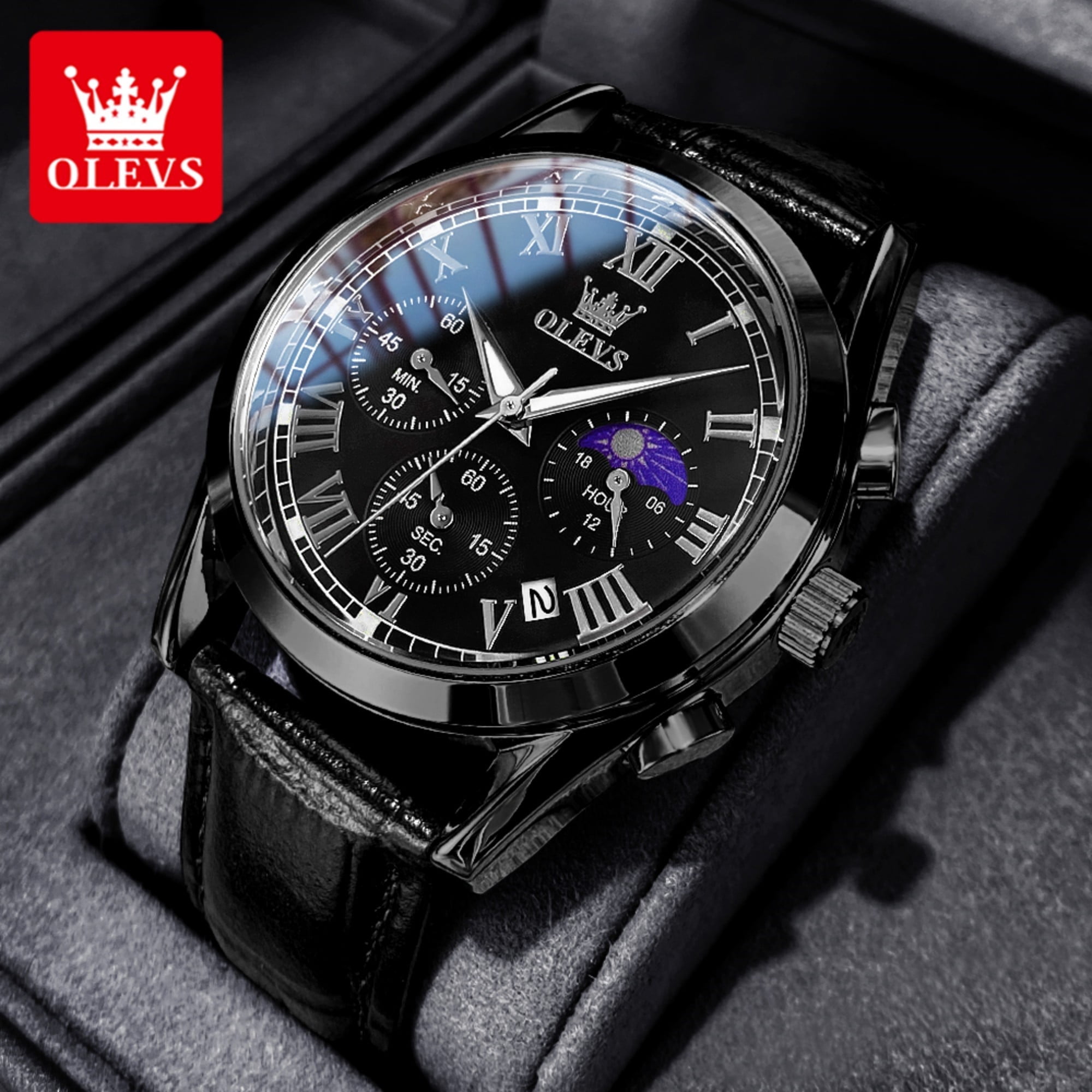 OLEVS Chronograph Watches for Men Luxury Classic Business Sports Mens Watches with Waterproof Luminous Analog Quartz Leather Strap Reloj, Male Wristwatch