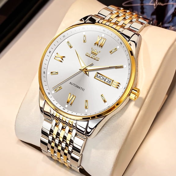 OLEVS Chronograph Watches for Men Plated Golden Blue Dress Luxury Moon Phase Casual Analog Quartz Stainless Steel Business Luminous Date Mens Wrist Watches Reloj Para Hombre