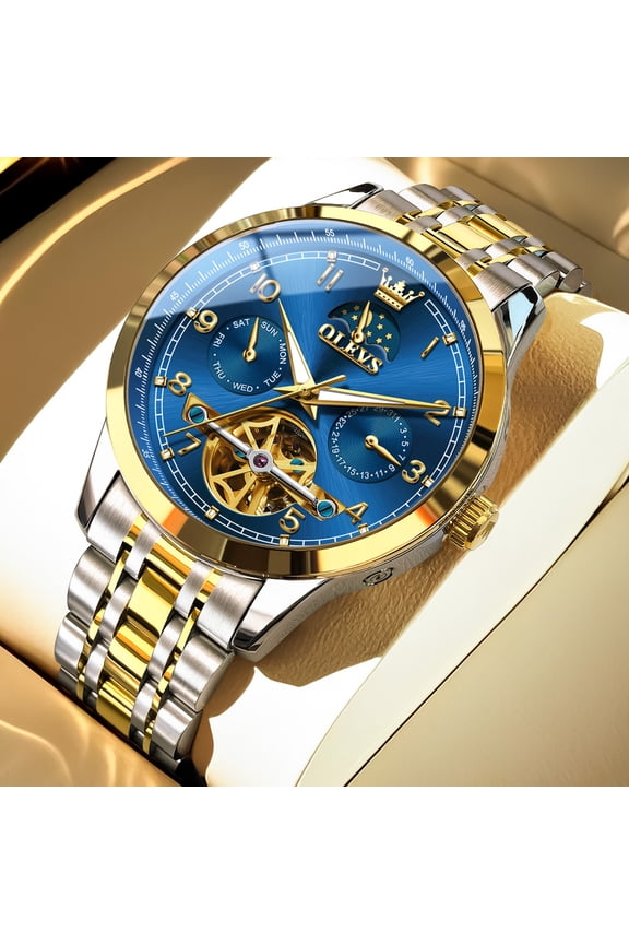 Chronograph Watches for Men Plated Golden Blue Dress Luxury Moon Phase Casual Analog Quartz Stainless Steel Business Luminous Date Mens Wrist Watches Reloj Para Hombre