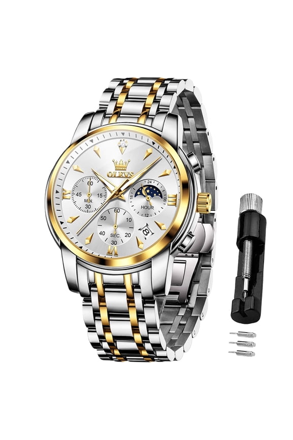 Chronograph Watches for Men Plated Golden Blue Dress Luxury Moon Phase Casual Analog Quartz Stainless Steel Business Luminous Date Mens Wrist Watches Reloj Para Hombre