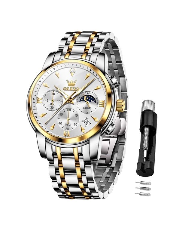 Chronograph Watches for Men Plated Golden Blue Dress Luxury Moon Phase Casual Analog Quartz Stainless Steel Business Luminous Date Mens Wrist Watches Reloj Para Hombre