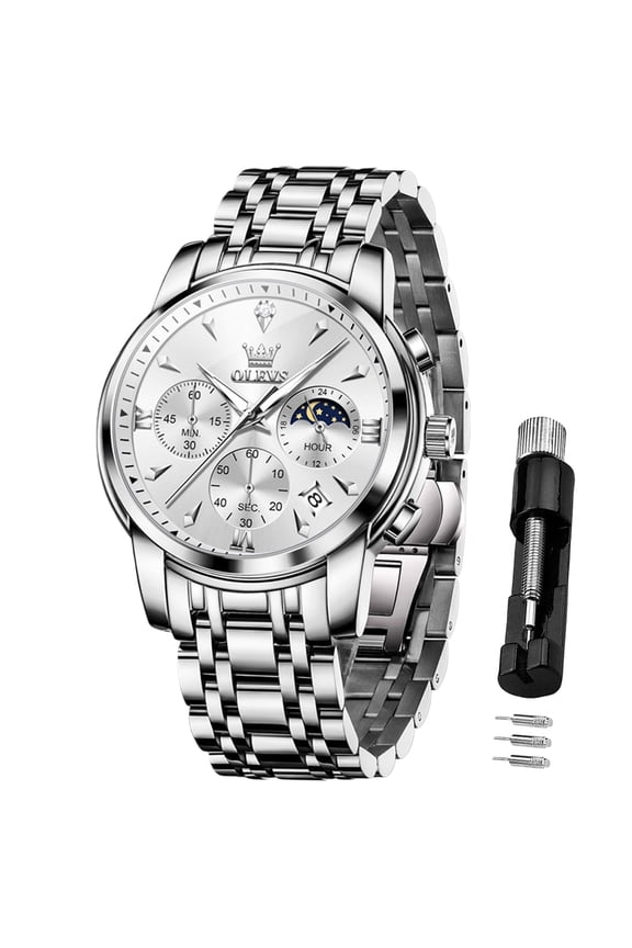 Chronograph Watches for Men Plated Golden Blue Dress Luxury Moon Phase Casual Analog Quartz Stainless Steel Business Luminous Date Mens Wrist Watches Reloj Para Hombre