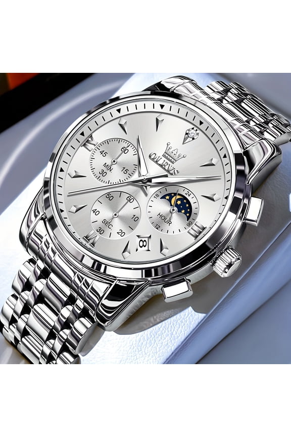 Chronograph Watches for Men Plated Golden Blue Dress Luxury Moon Phase Casual Analog Quartz Stainless Steel Business Luminous Date Mens Wrist Watches Reloj Para Hombre