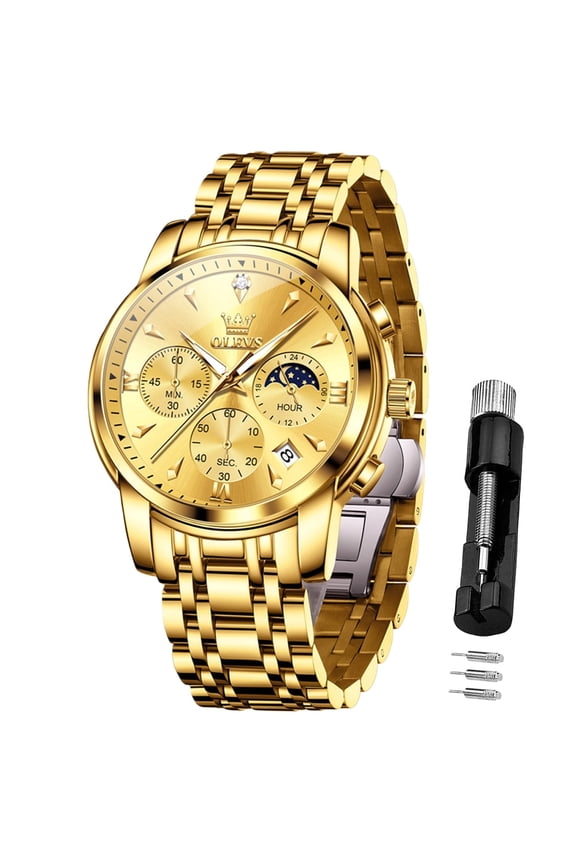 Chronograph Watches for Men Plated Golden Blue Dress Luxury Moon Phase Casual Analog Quartz Stainless Steel Business Luminous Date Mens Wrist Watches Reloj Para Hombre