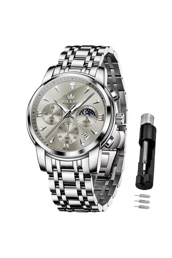 Chronograph Watches for Men Plated Golden Blue Dress Luxury Moon Phase Casual Analog Quartz Stainless Steel Business Luminous Date Mens Wrist Watches Reloj Para Hombre