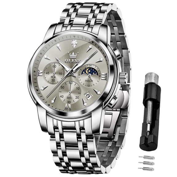OLEVS Chronograph Watches for Men Plated Golden Blue Dress Luxury Moon Phase Casual Analog Quartz Stainless Steel Business Luminous Date Mens Wrist Watches Reloj Para Hombre
