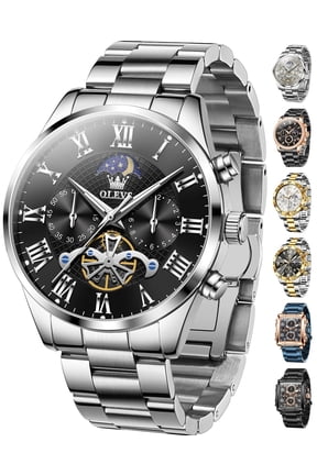 Chronograph Watches for Men Waterproof Business Dress Analog Quartz Luxury Moon Phase Stainless Steel Roman Numeral Luminous Casual Mens Wrist Watches Reloj Para Hombre