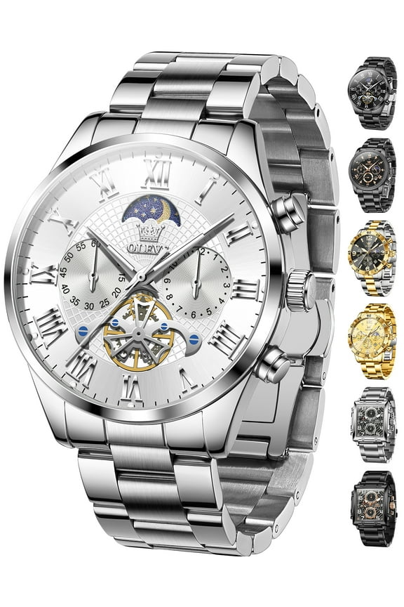 Chronograph Watches for Men Waterproof Business Dress Analog Quartz Luxury Moon Phase Stainless Steel Roman Numeral Luminous Casual Mens Wrist Watches Reloj Para Hombre