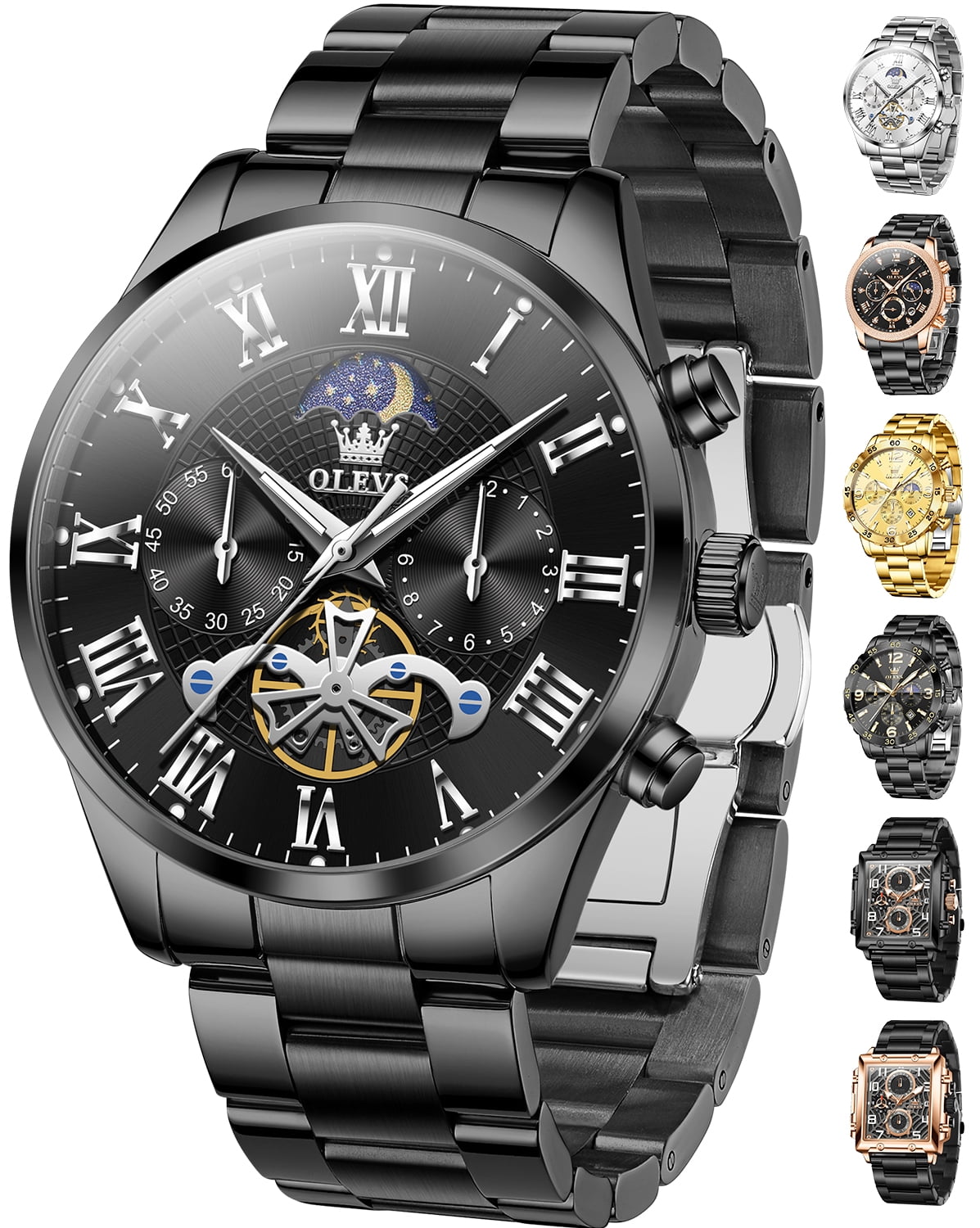 OLEVS Chronograph Watches for Men Waterproof Business Dress Analog Quartz Luxury Moon Phase Stainless Steel Roman Numeral Luminous Casual Mens Wrist Watches Reloj Para Hombre