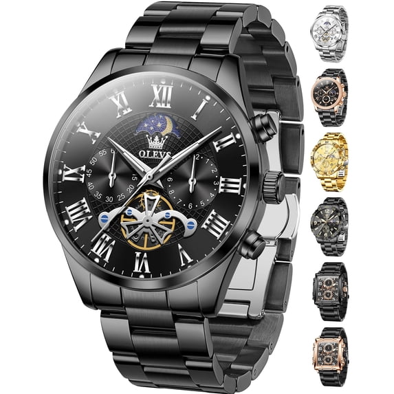 OLEVS Chronograph Watches for Men Waterproof Business Dress Analog Quartz Luxury Moon Phase Stainless Steel Roman Numeral Luminous Casual Mens Wrist Watches Reloj Para Hombre