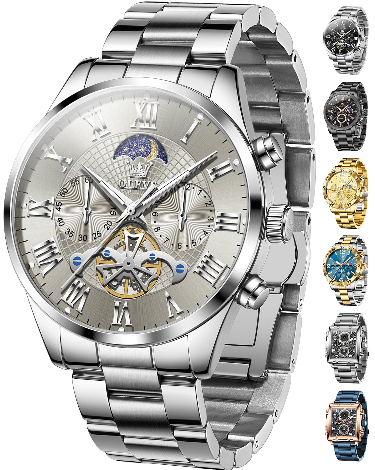 OLEVS Chronograph Watches for Men Waterproof Business Dress Analog Quartz Luxury Moon Phase Stainless Steel Roman Numeral Luminous Casual Mens Wrist Watches Reloj Para Hombre